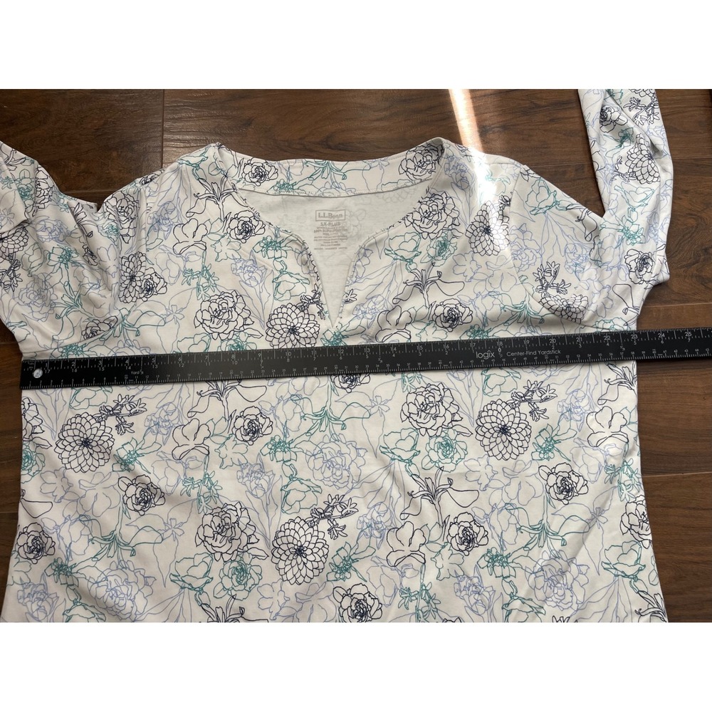 LL Bean Womens 1X Plus White Floral Supima Cotton 3/4 Sleeve Split Neck Top - Picture 5 of 6